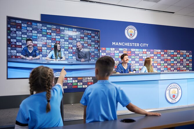 The Manchester City Stadium Tour - The press room with virtual Pep Guardiola, plus holographic and big-screen story tools
